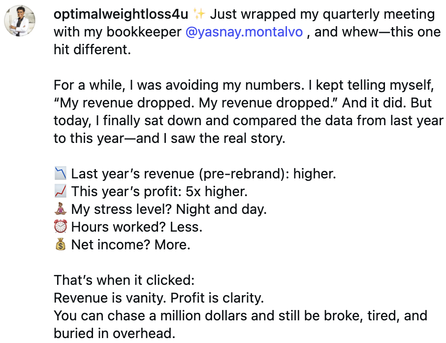 Bertha, Optimal Weight Loss — publicación en redes sociales sobre 5x de ganancia después de la reunión trimestral con Yasnay