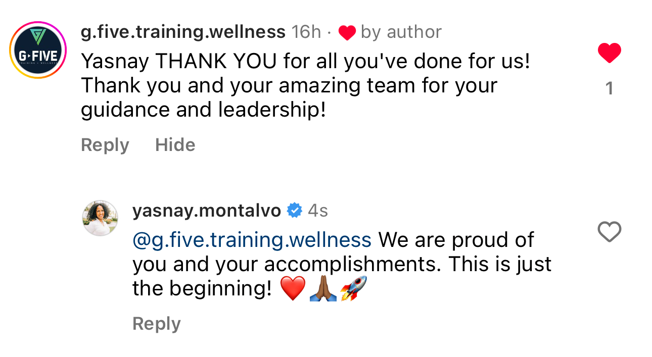 William G-Five Training & Wellness — comentario de Instagram agradeciendo a Yasnay por su guía y liderazgo